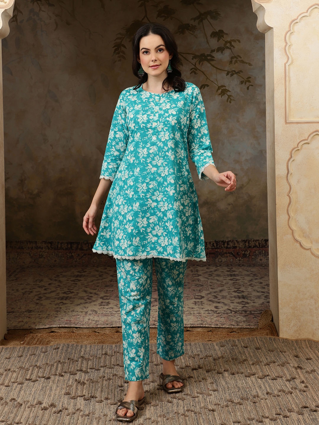 

BANDIA Floral Printed Round Neck Lace Embellished Pure Cotton Top with Trouser, Turquoise blue