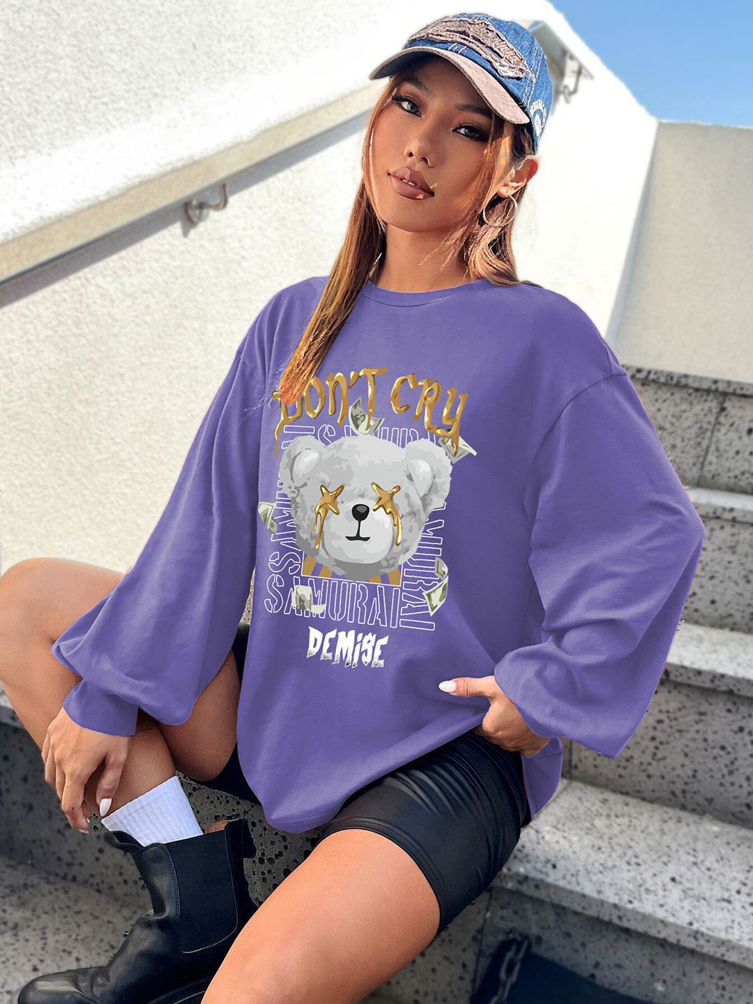 

CHKOKKO Women Graphic Printed Round Neck Oversized T-shirt, Purple
