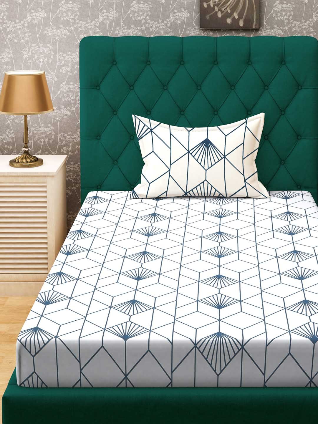 

ROSARA HOME Navy Blue & White Geometric 144 TC Single Bedsheet with 1 Pillow Cover