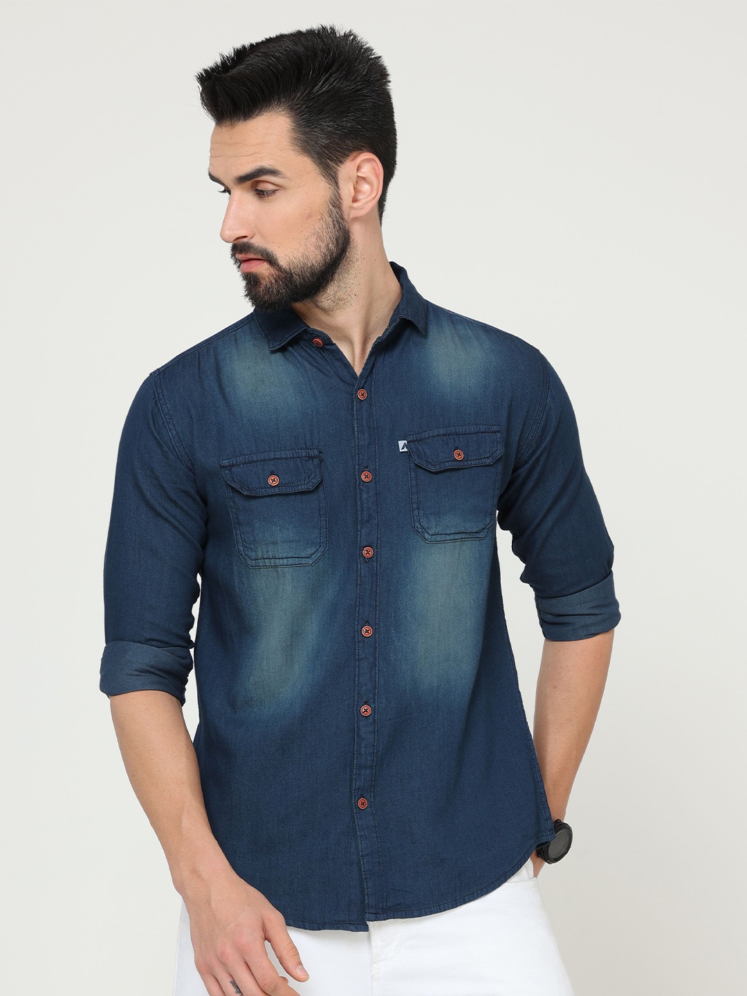 

AIDAN PAUL Men Comfort Spread Collar Faded Denim Casual Shirt, Blue