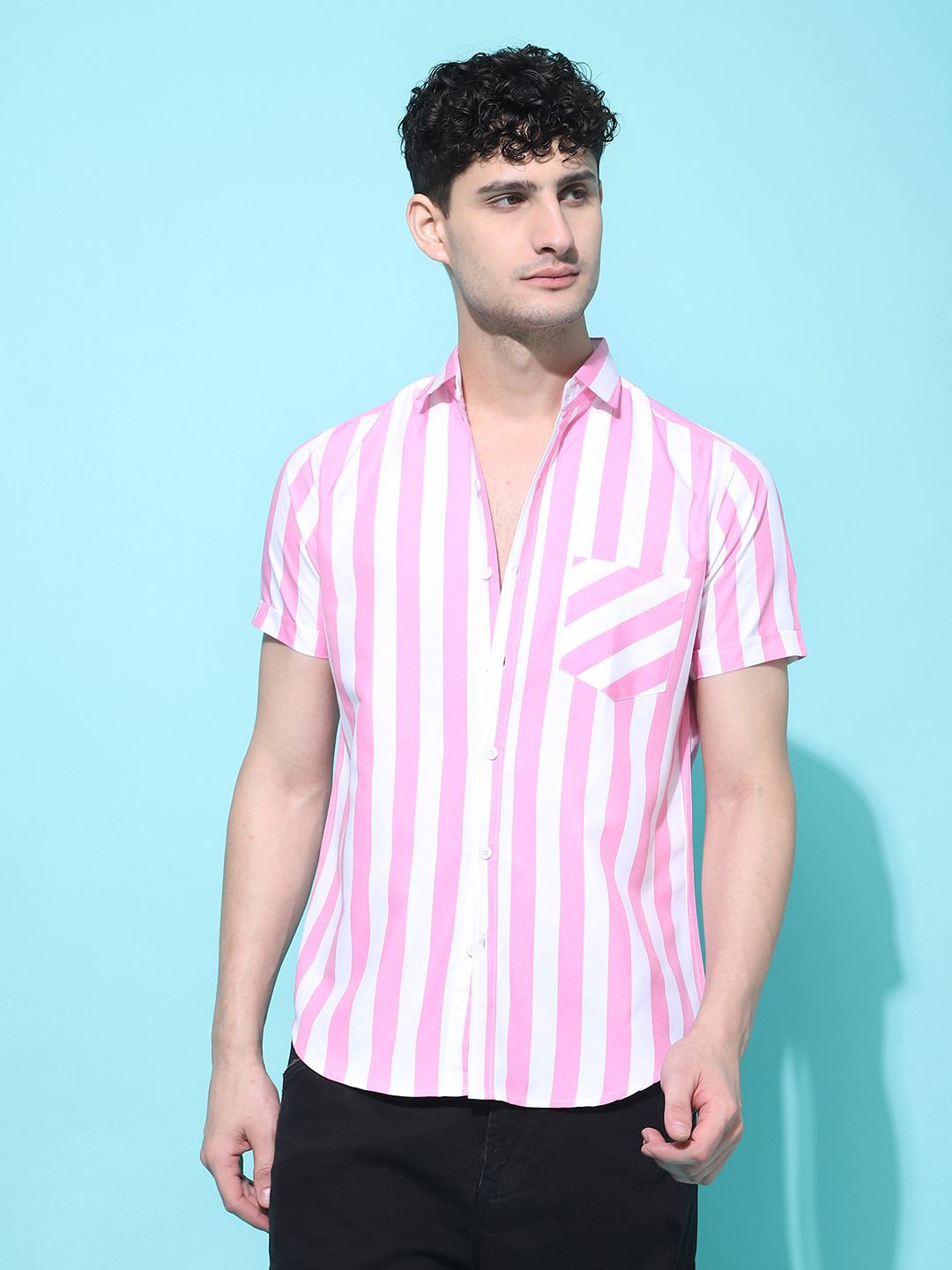

Voroxy Men New Spread Collar Vertical Striped Cotton Casual Shirt, Pink