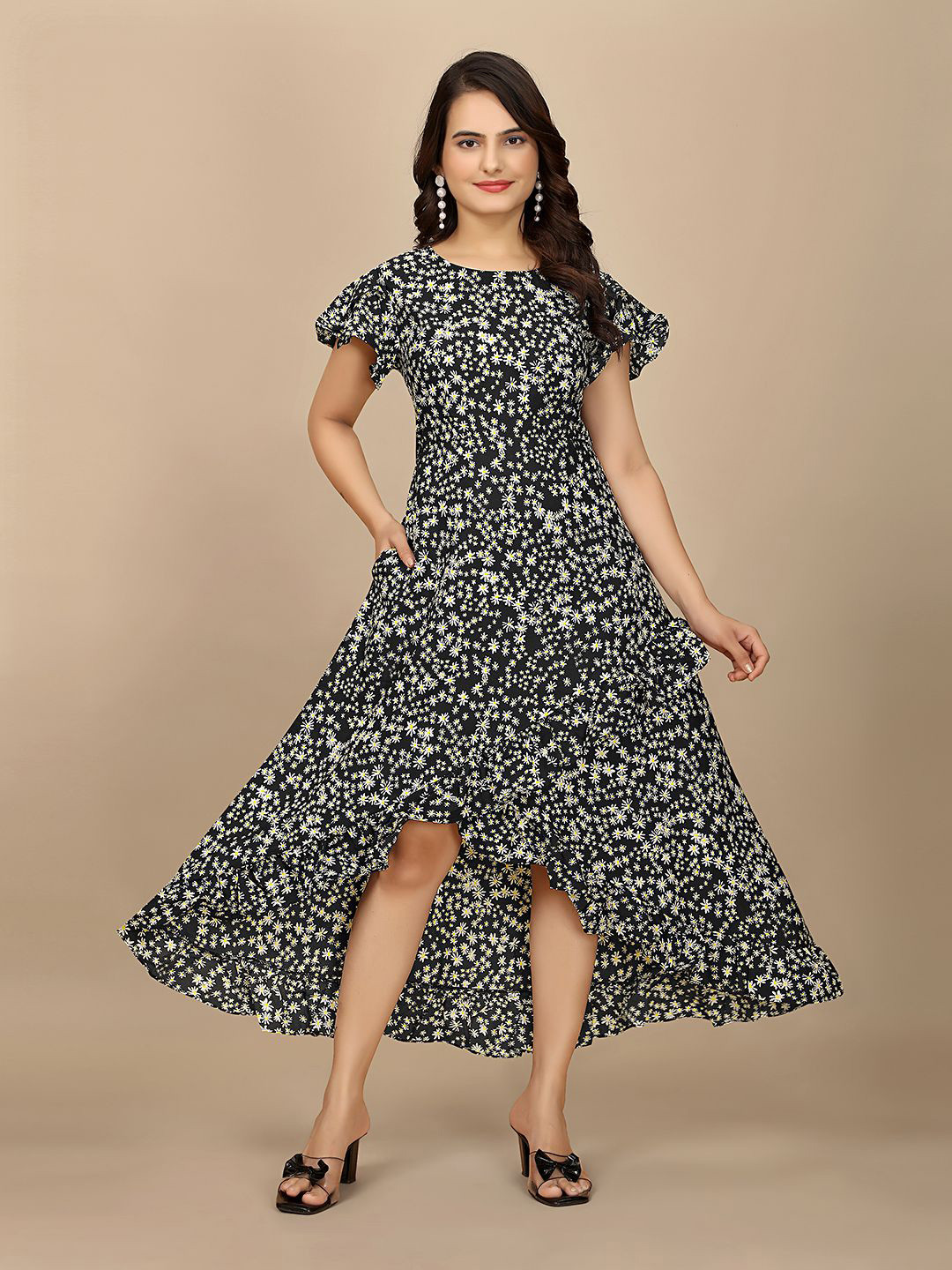

BAESD Women Floral Printed Flared Sleeves Maxi Dress, Black