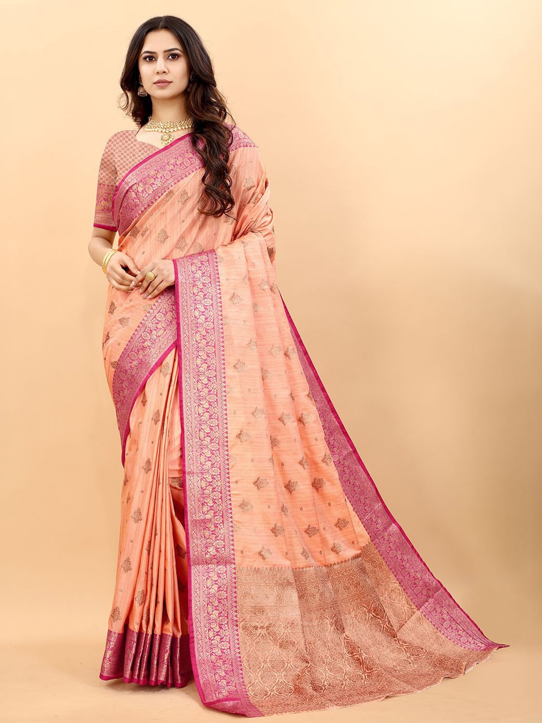 

NIWAA Woven Design Pure Cotton Banarasi Saree, Peach