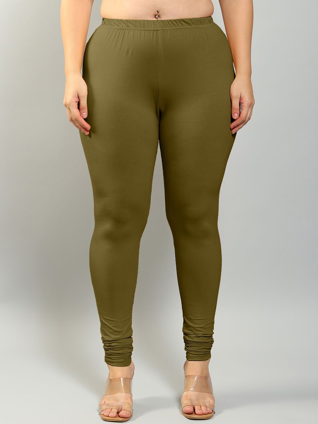

Plus Size Women Solid Cotton Mid-Rise Churidar-Length Leggings, Olive