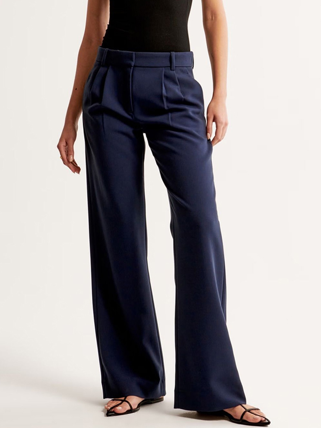 

FNOCKS Women Smart Straight Fit High-Rise Pleated Wide Leg Trousers, Navy blue
