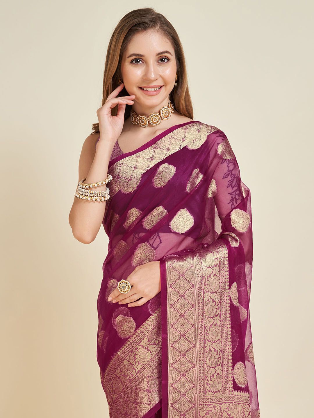 

NIWAA Woven Design Zari Organza Banarasi Saree, Purple