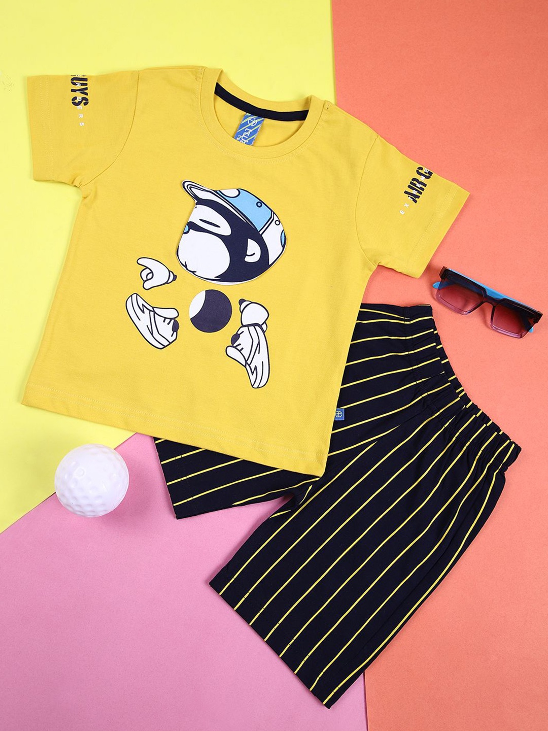 

V-Mart Boys Printed T-shirt with Shorts, Mustard