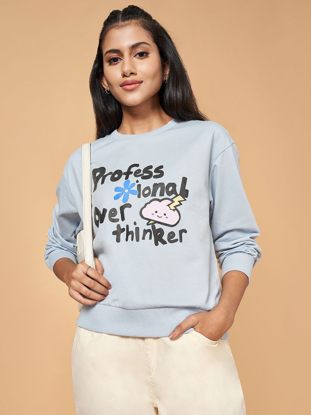

People Women Graphic Printed Round Neck Cotton Pullover Sweatshirt, Blue
