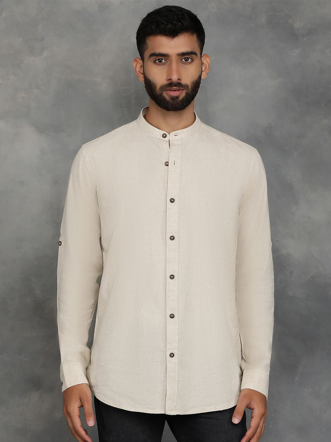 

JADE BLUE Men Band Collar Solid Linen Slim Fit Casual Shirt, Beige