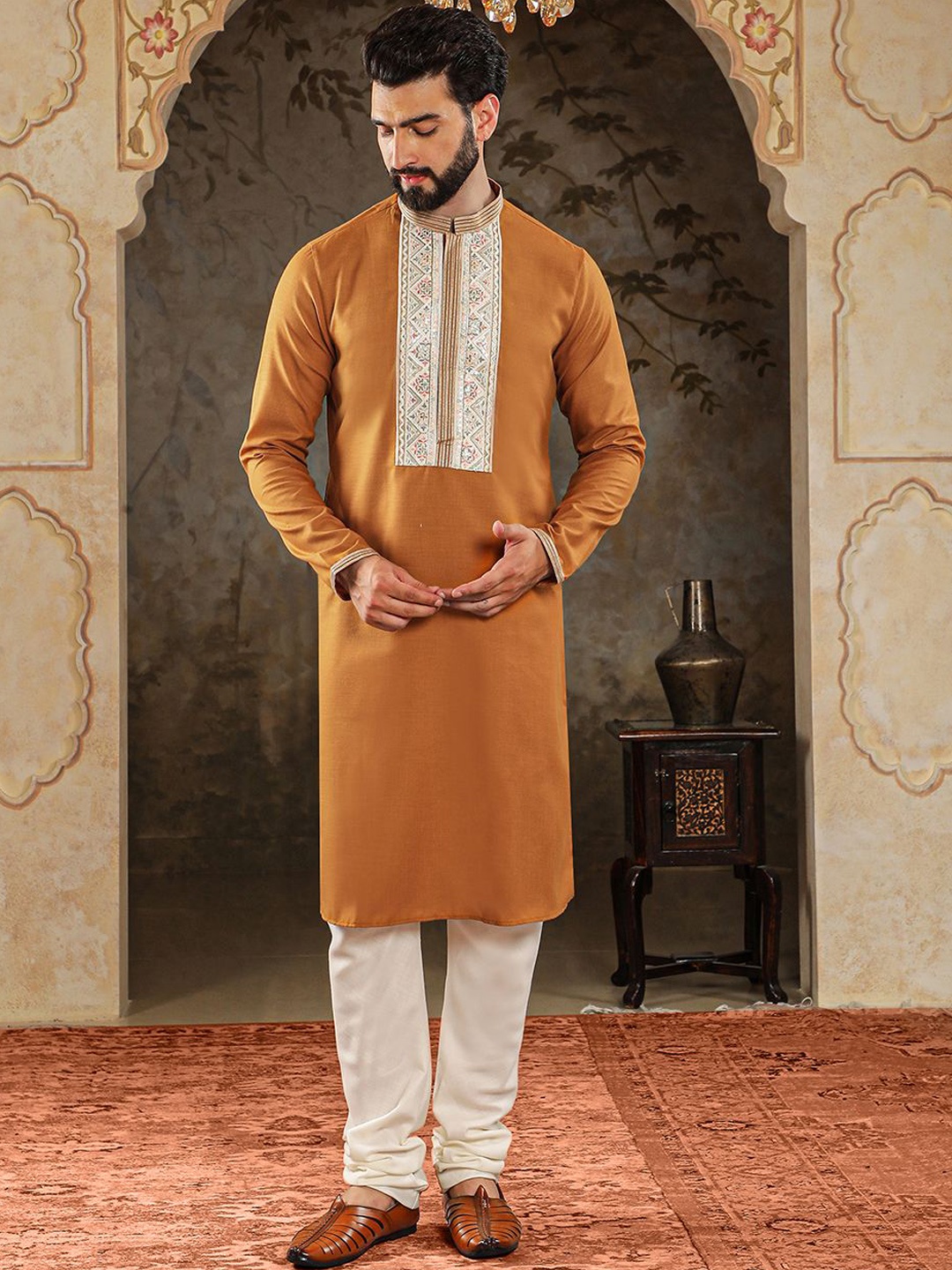 

HOUSE OF DEYANN Floral Yoke Design Sequinned Jacquard Weave Straight Kurta with Churidar, Mustard