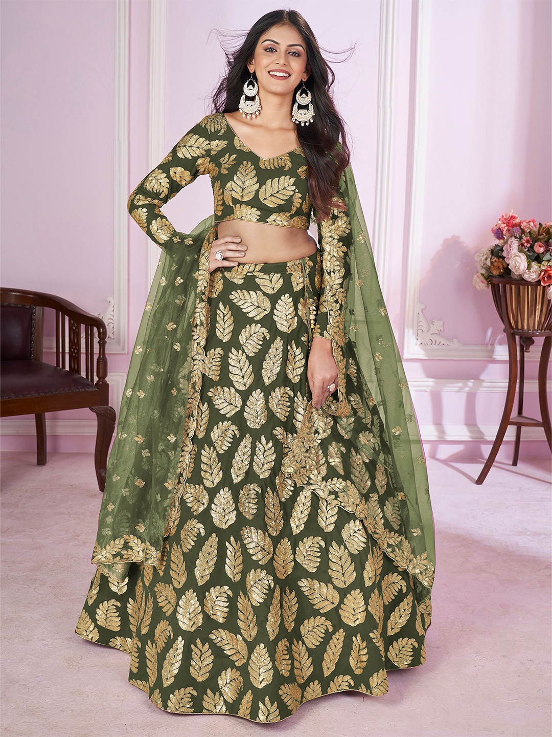 

FABPIXEL Embroidered Sequinned Semi-Stitched Lehenga & Unstitched Blouse With Dupatta, Olive