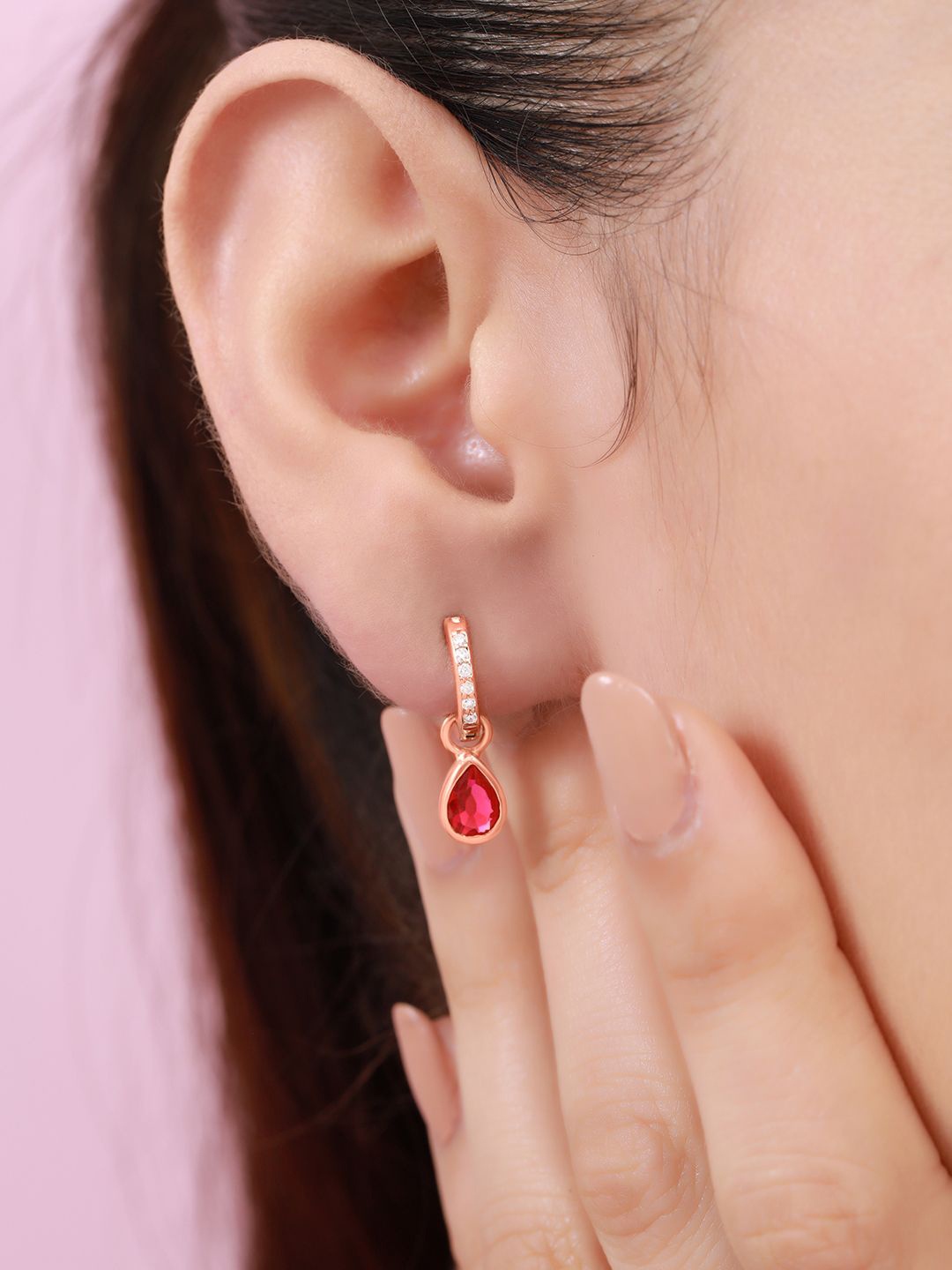 

Zavya 925 Sterling Silver Rose Gold-Plated CZ Studded Teardrop Shaped Hoop Earrings