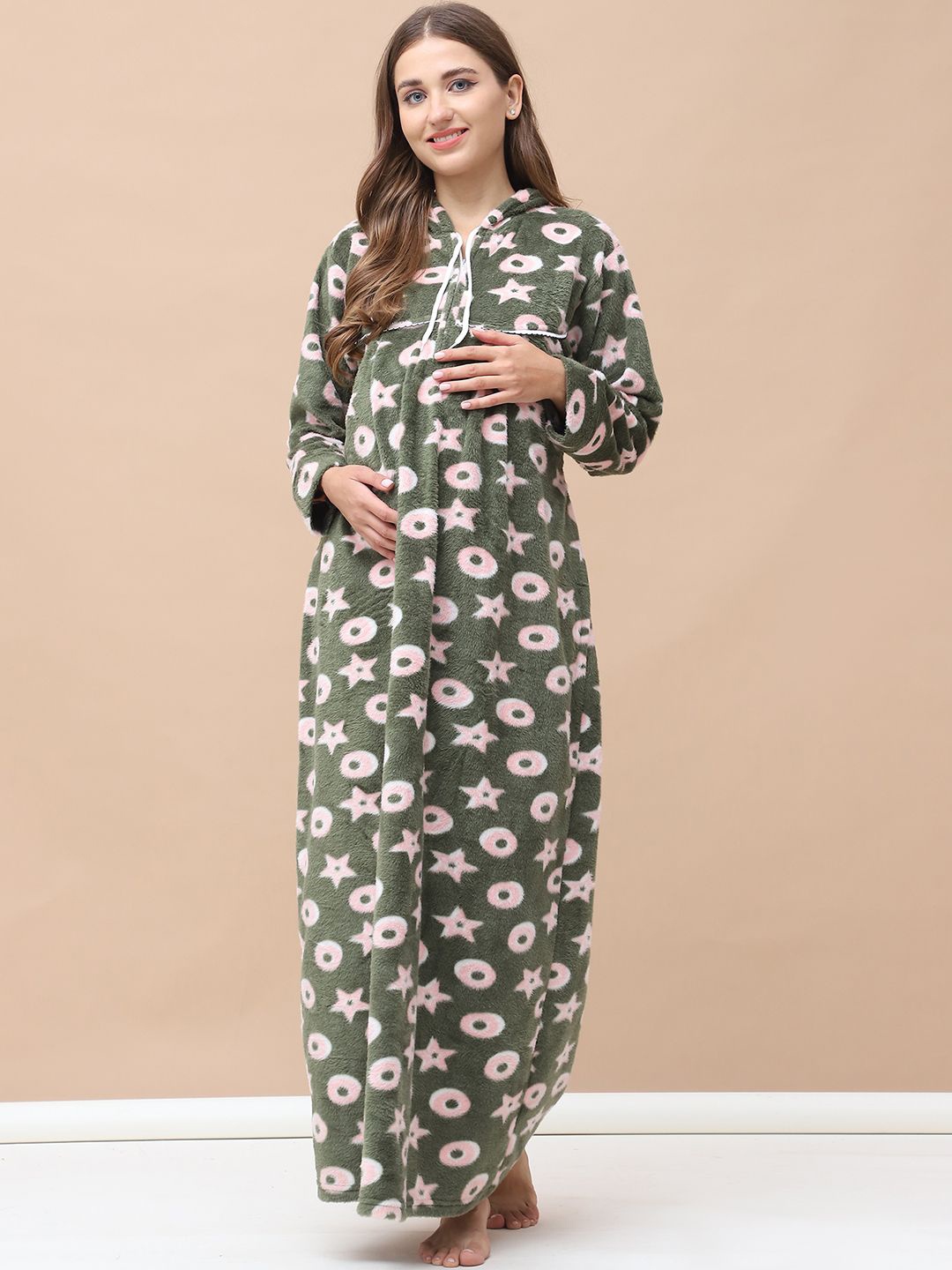 

Secret Wish Printed Woolen Maternity Hoodie Maxi Nightdress, Olive