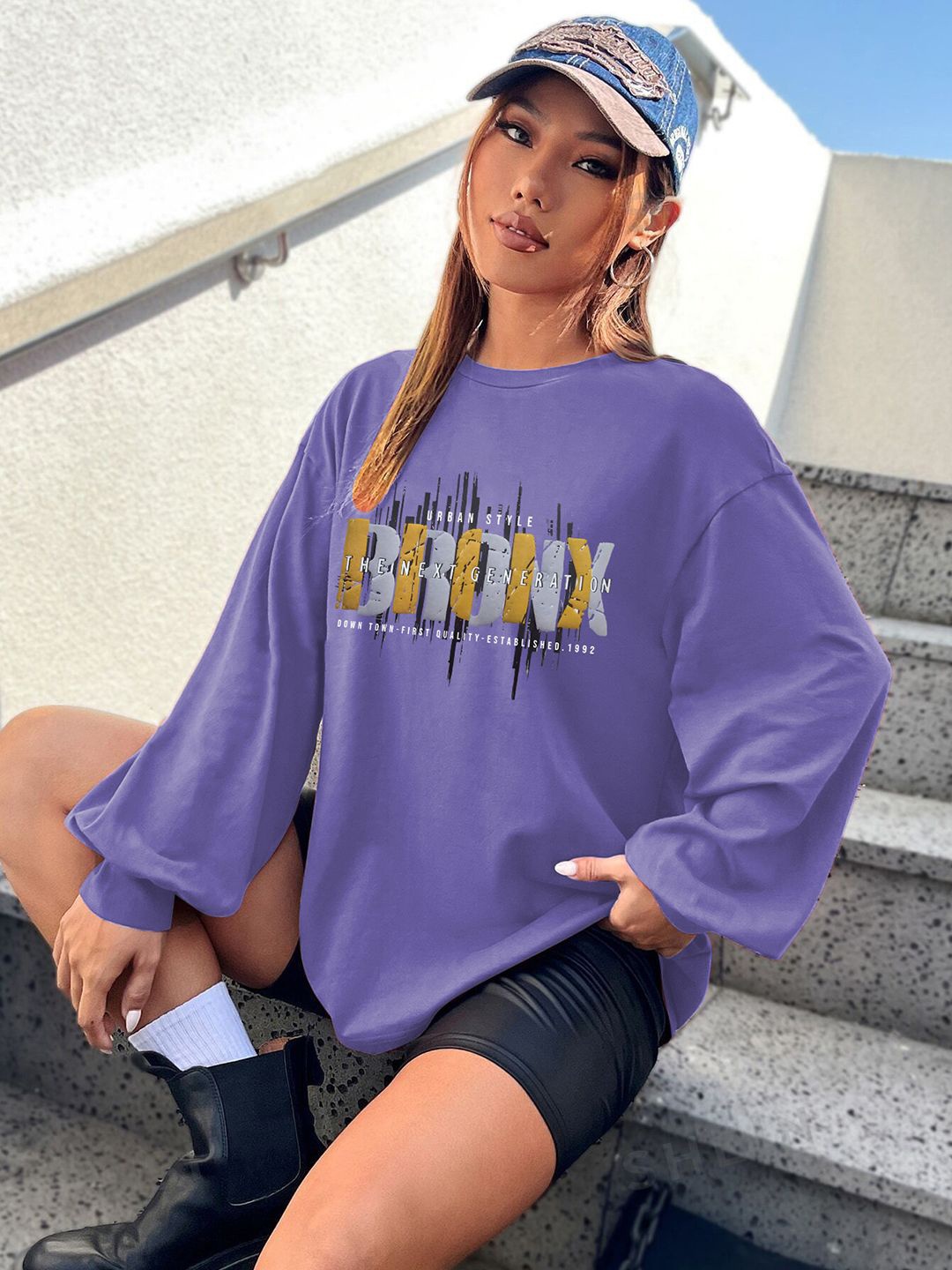 

CHKOKKO Women Graphic Printed Round Neck Oversized T-shirt, Purple