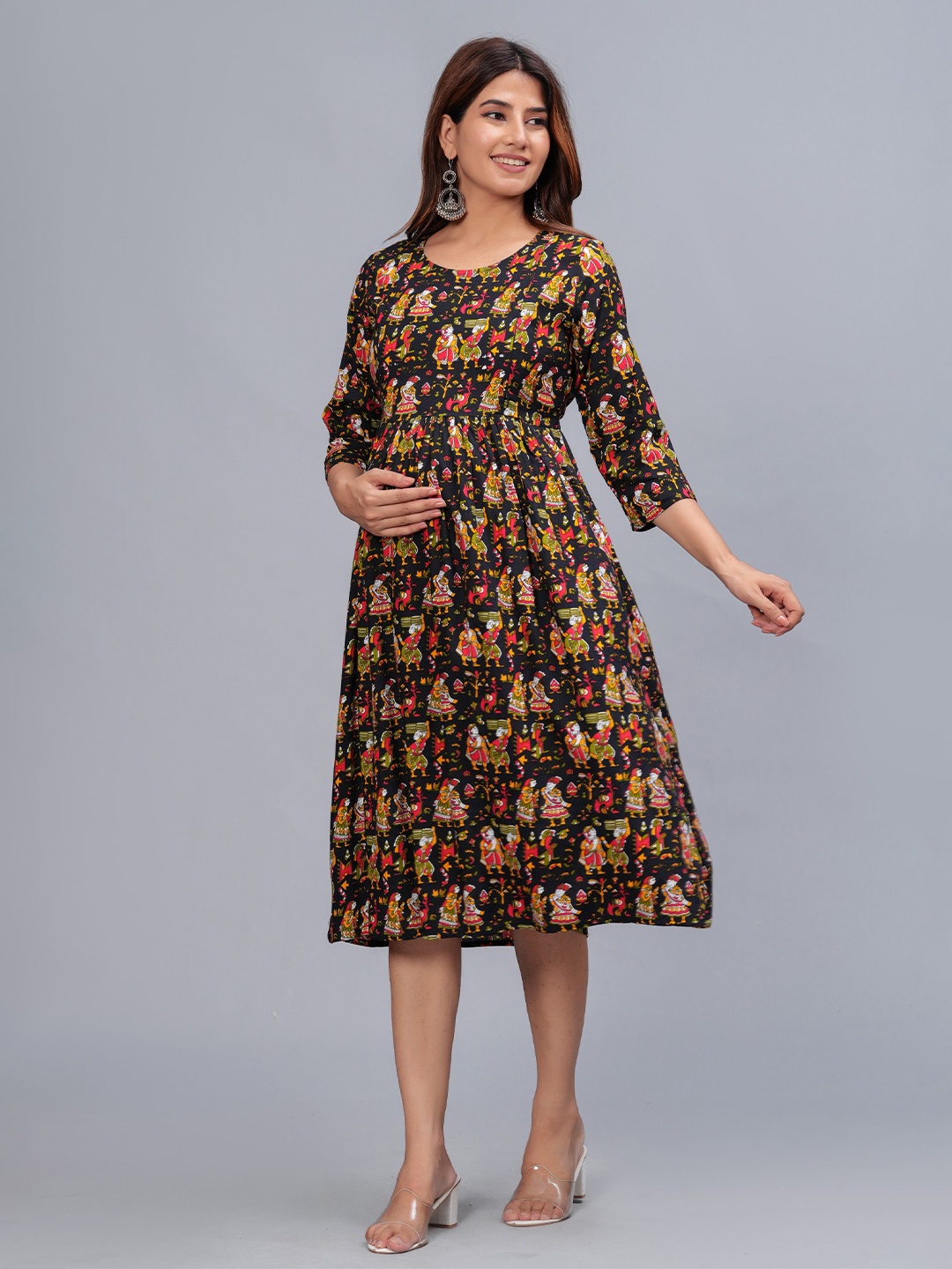 

BAESD Ethnic Motifs Printed Maternity Fit & Flare Dress, Black