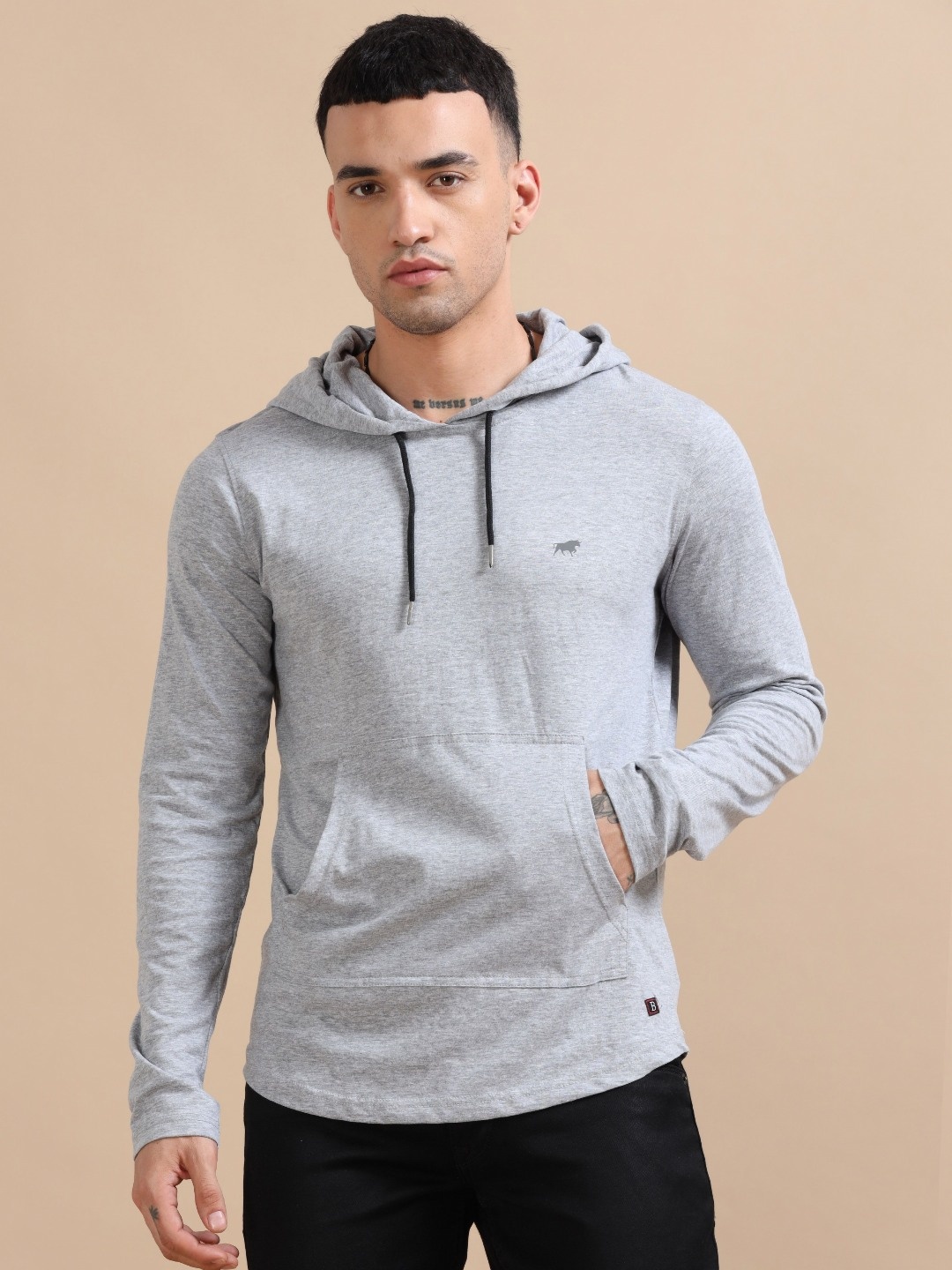 

Bushirt Men Solid Hooded Pure Cotton Sweatshirt, Grey