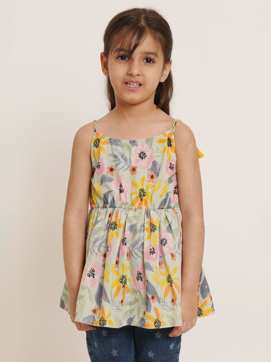 

COTLAND FASHION Girls Floral Printed Shoulder Straps Cotton Top, Green