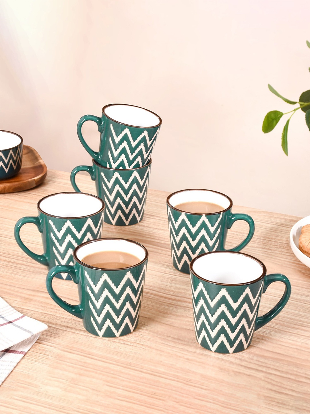 

Nestasia Green & White 6 Pcs Gometric Printed Ceramic Microwave Safe Glossy Cups Set 250ml