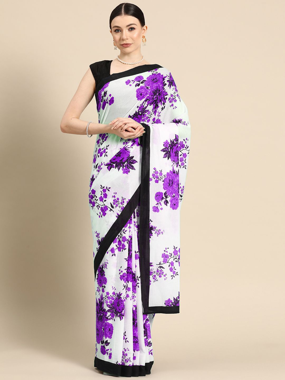 

BUTA BUTI Floral Printed Pure Cotton Saree, White