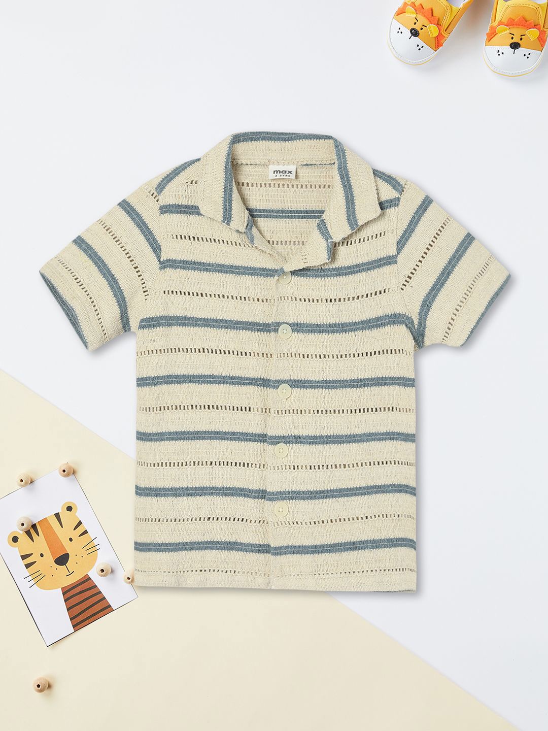 

max Boys Cuban Collar Horizontal Striped Cotton Casual Shirt, Beige