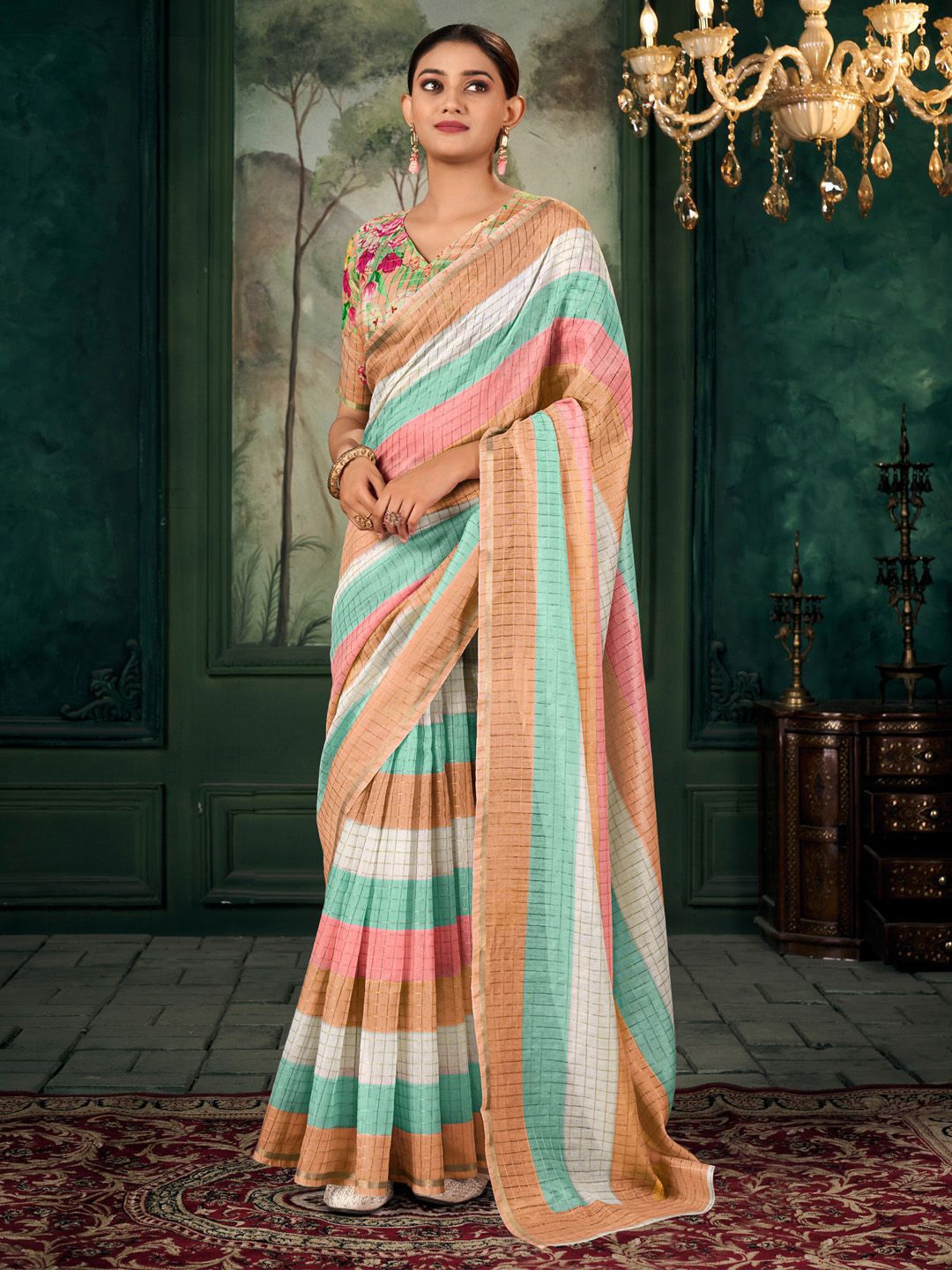 

Anouk Checked Woven Design Zari Saree, Brown