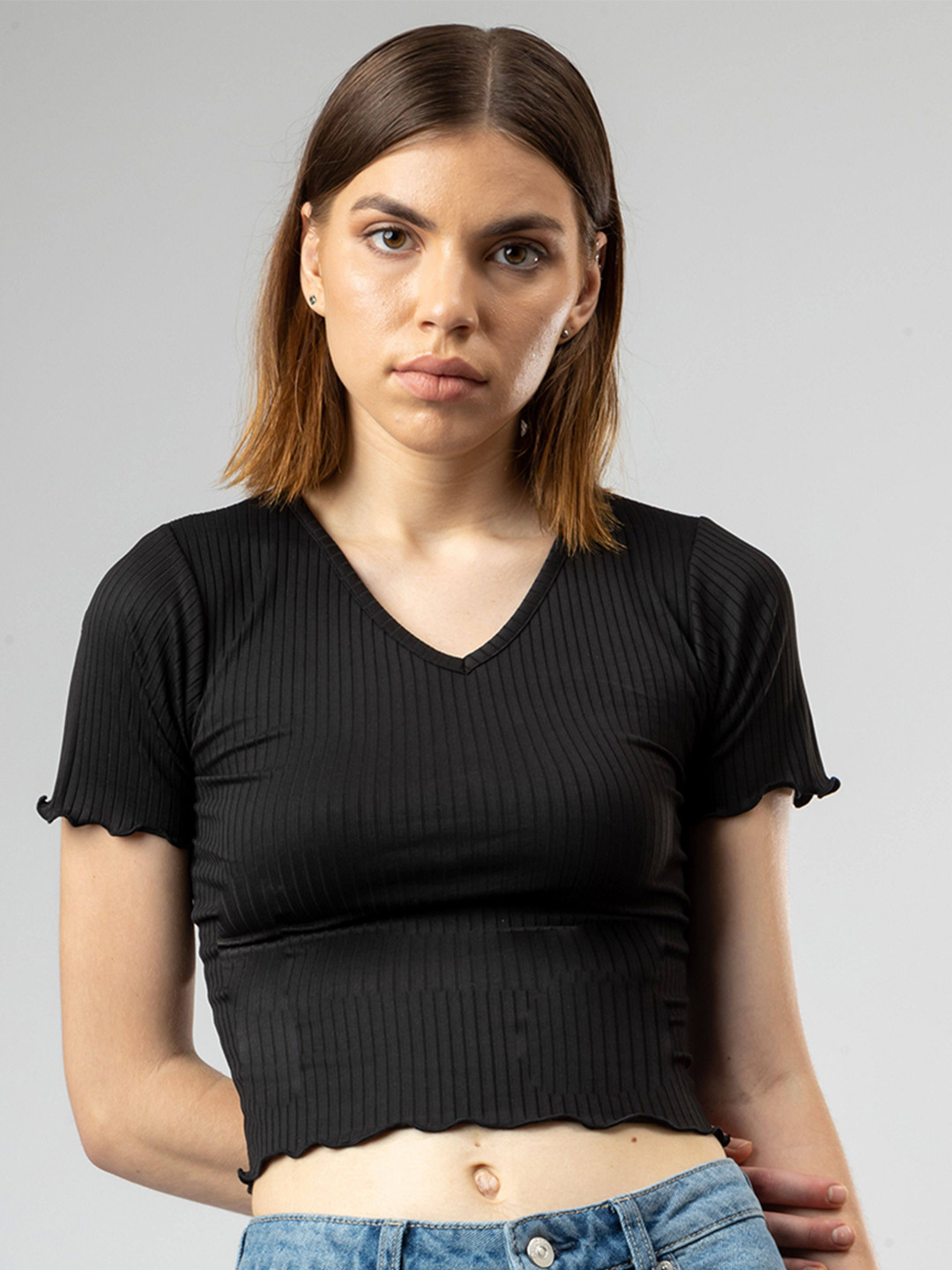 

Redamancii Women Solid V-Neck Polycotton Top, Black