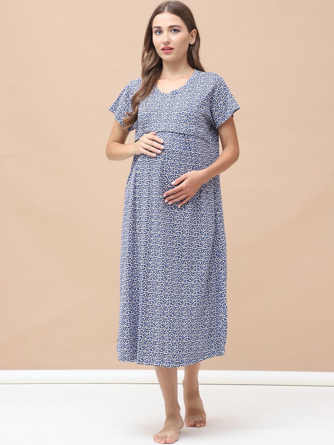 

Secret Wish Women Geometric Printed Maternity Pure Cotton Nightdress, Blue