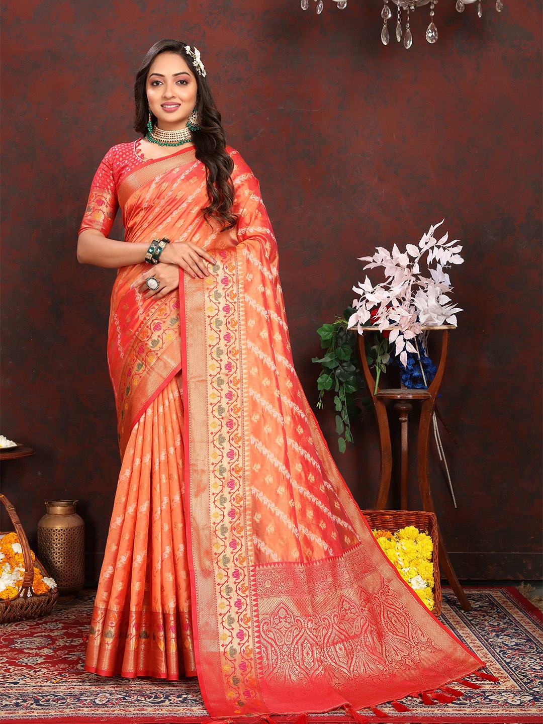

Zeekha Woven Design Zari Pure Silk Kanjeevaram Saree, Orange