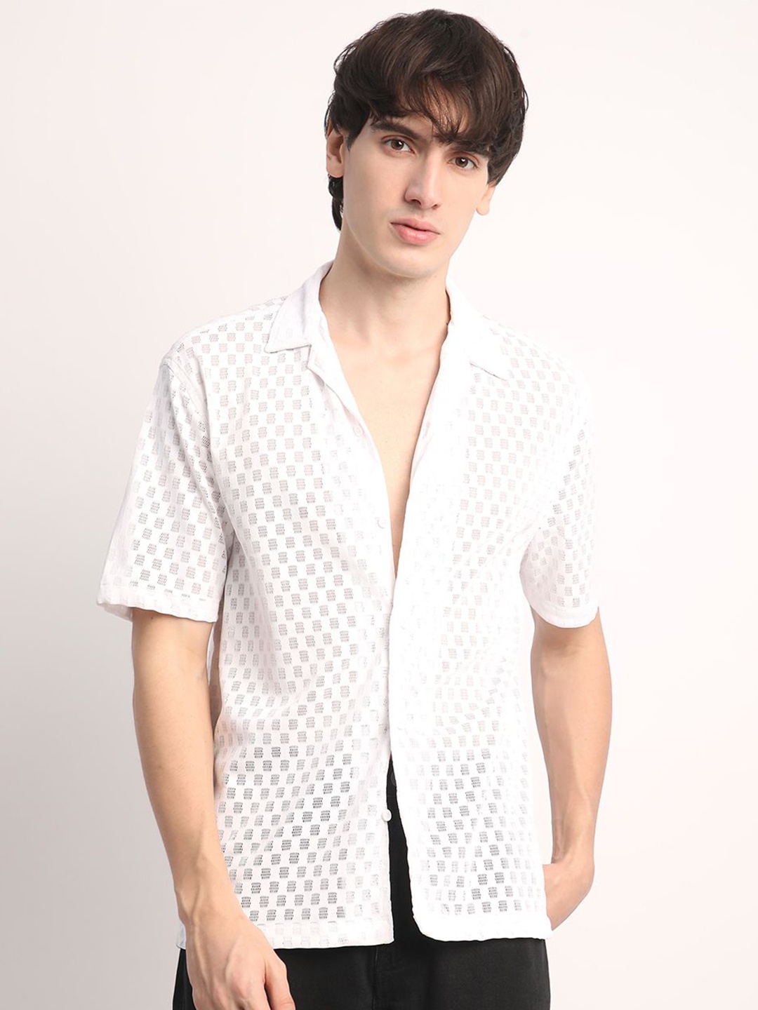 

Voroxy Men Relaxed Cuban Collar Textured Polycotton Casual Shirt, White