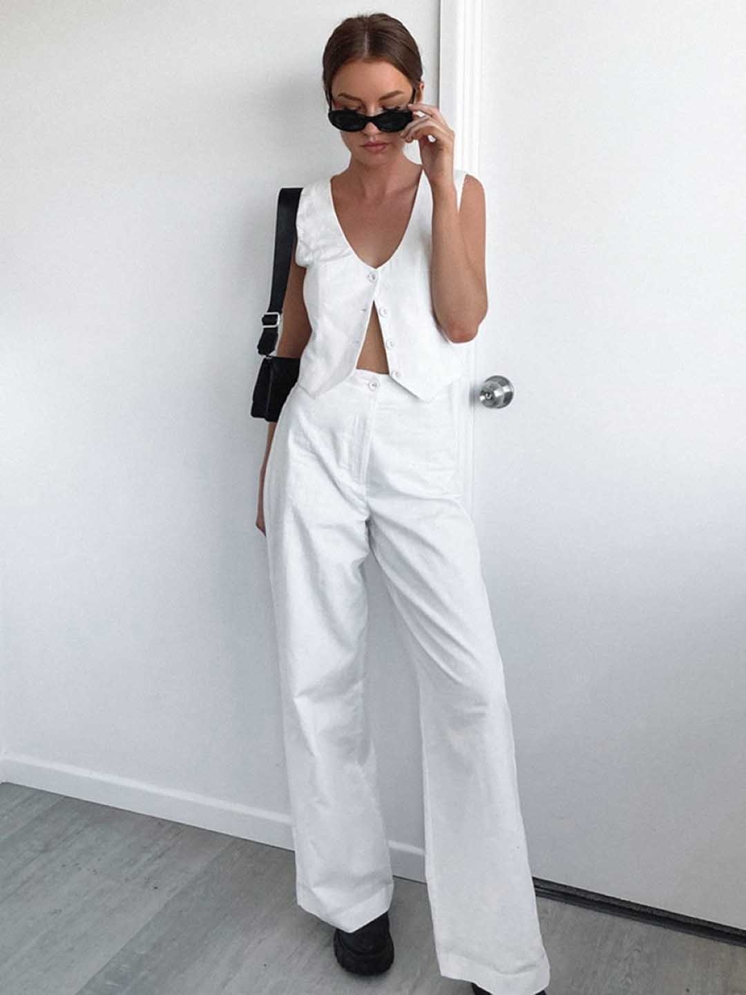 

KPOP V-Neck Sleeveless Top & Trousers, White