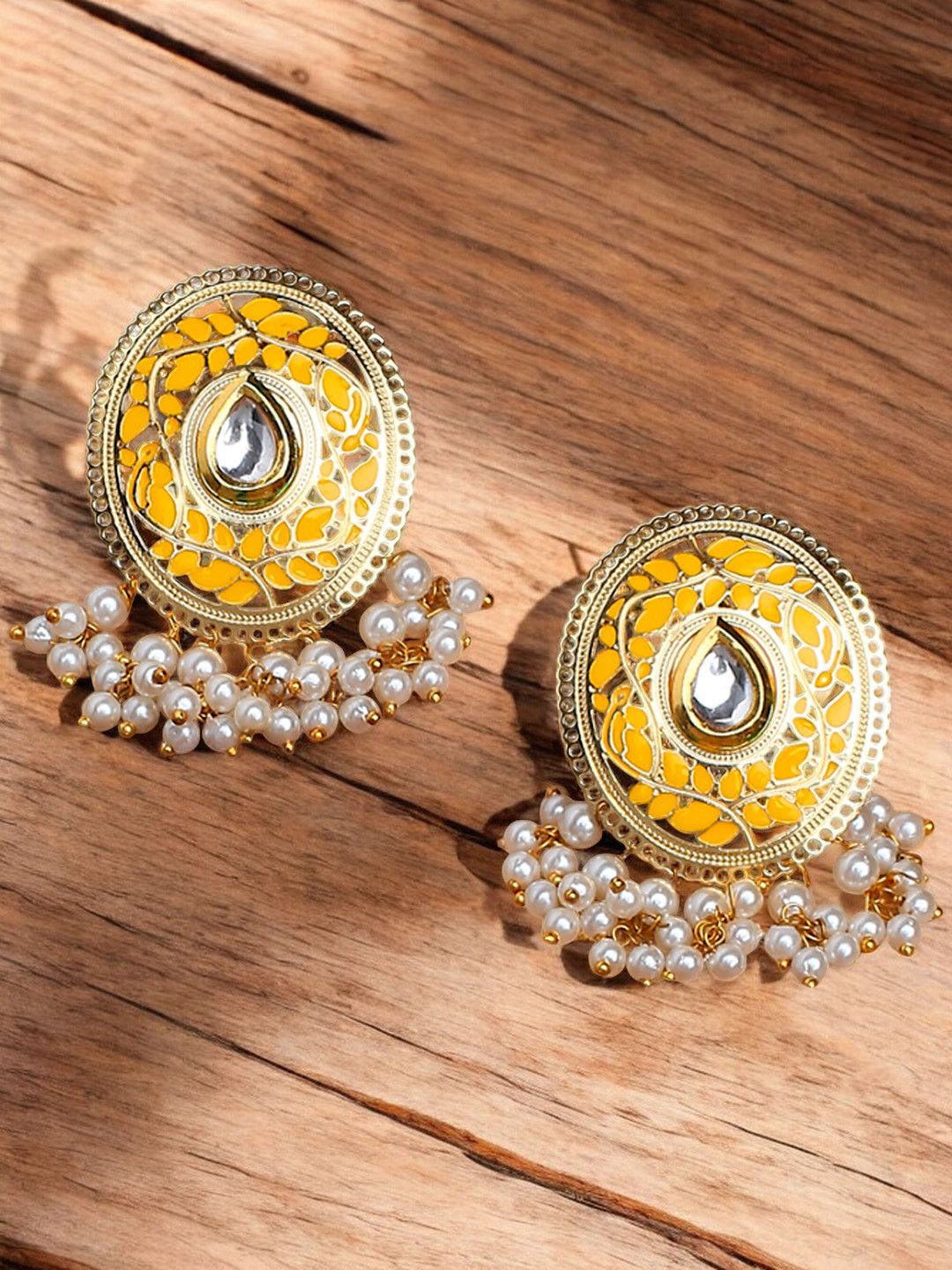 

OOMPH Oval Kundan & Pearls Studded Jadau Drop Earrings, Yellow