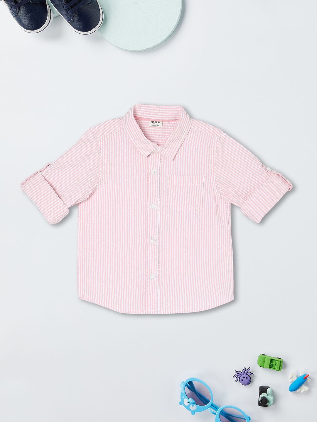 

max Boys Spread Collar Vertical Striped Cotton Casual Shirt, Pink