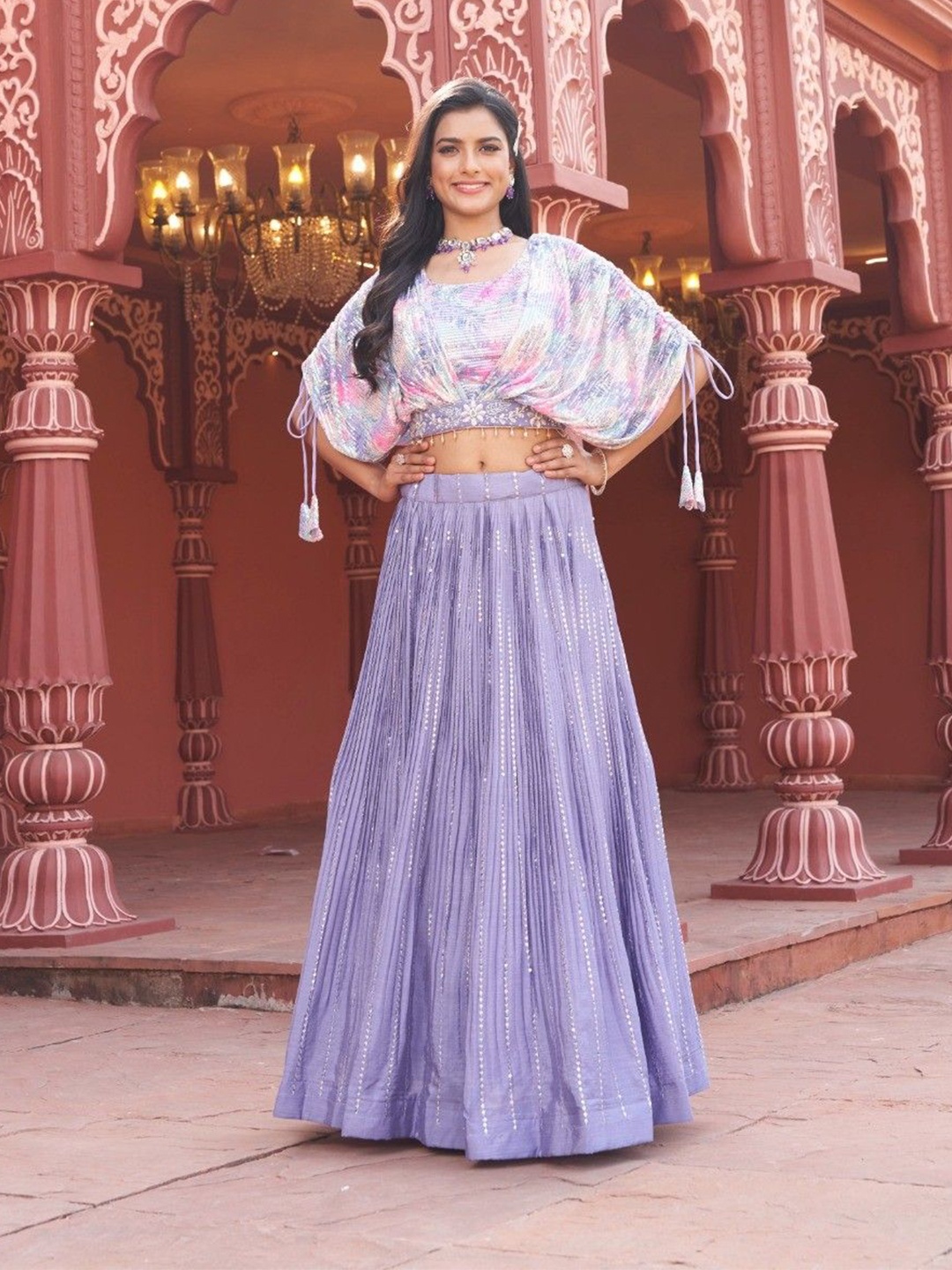 

LUGAI Embroidered Beads and Stones Ready to Wear Lehenga & Blouse With Dupatta, Purple