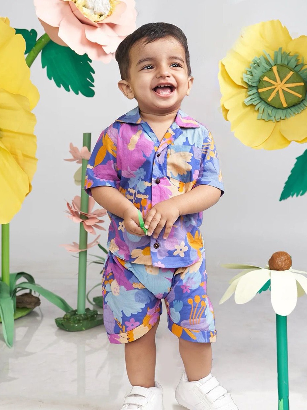 

Miko Lolo Boys Daffy Floral Printed Organic Cotton Shirt with Shorts, Purple