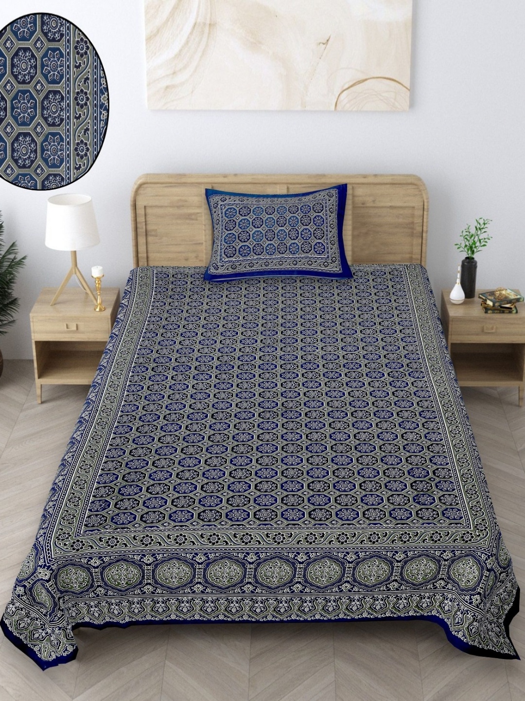 

Texstylers Blue & Green Floral 140 TC Cotton Single Bedsheet with 1 Pillow Covers