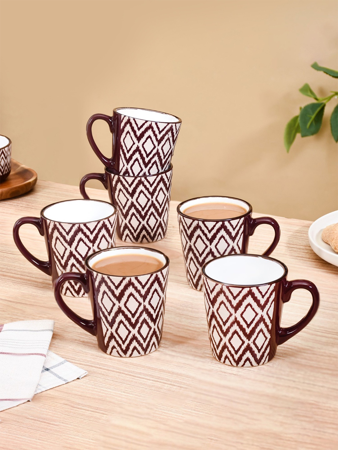 

Nestasia Brown & White 6 Pieces Printed Ceramic Microwave Safe Glossy Cups Set 250ml