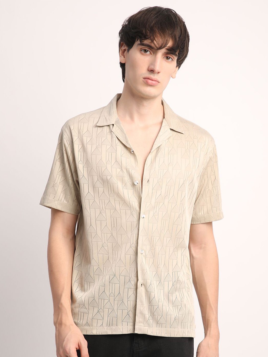 

Voroxy Men Smart Cuban Collar Textured Polycotton Casual Shirt, Beige