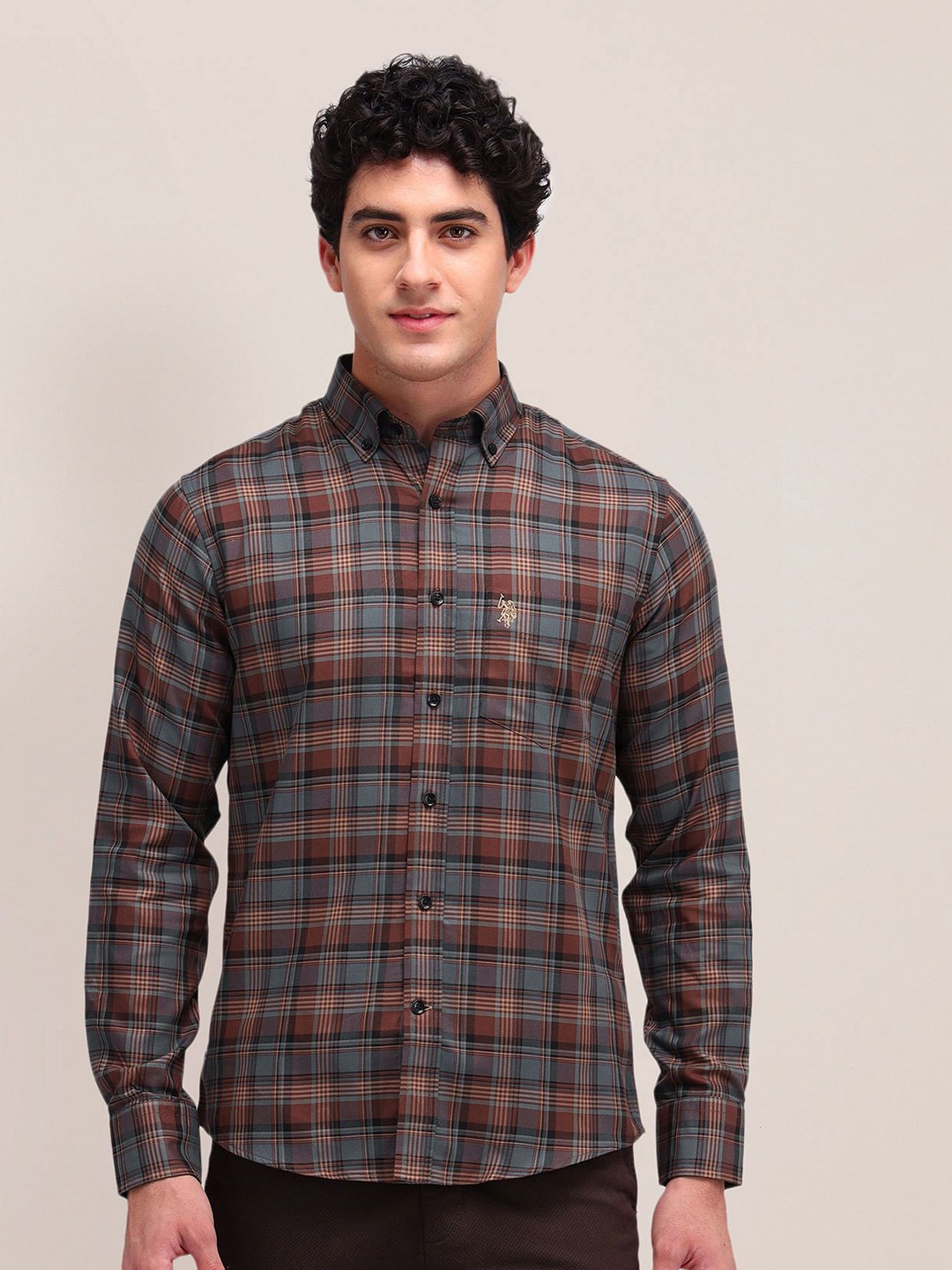 

U.S. Polo Assn. Men Button-Down Collar Tartan Checked Cotton Casual Shirt, Brown