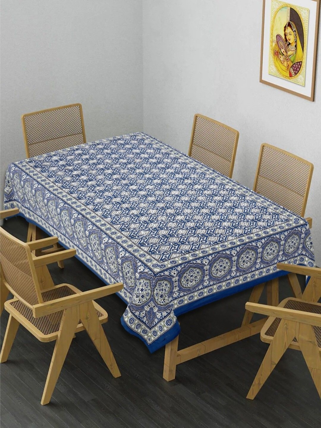 

INDHOME LIFE Blue & White Ethnic Motifs Printed 210 TC Cotton 6-Seater Table Cover