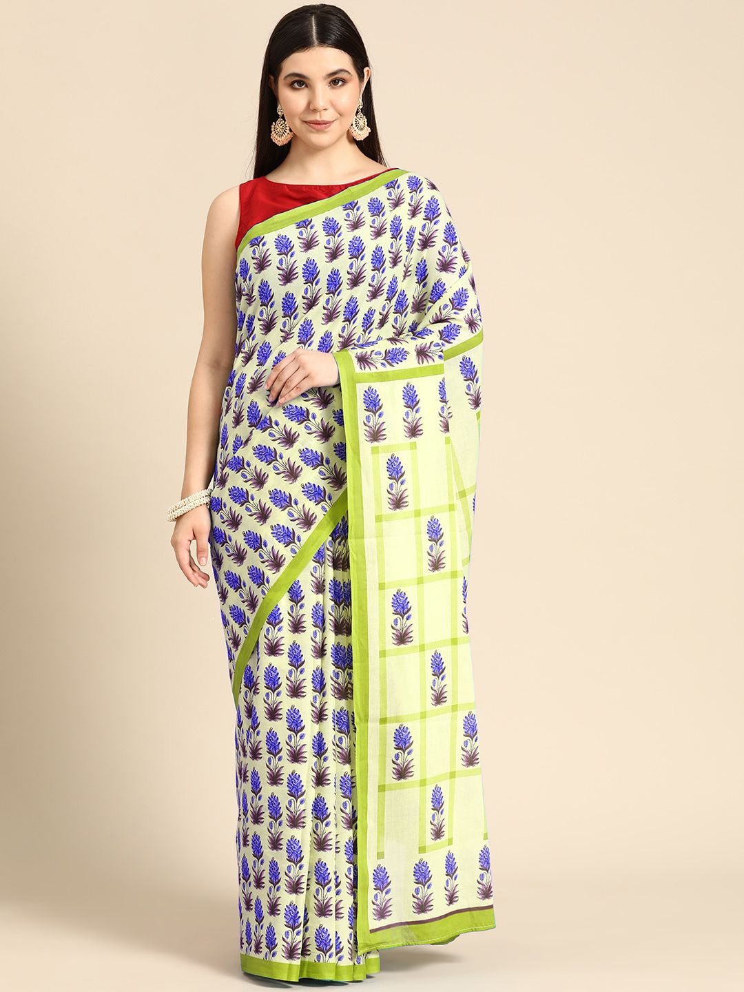 

BUTA BUTI Ethnic Motifs Printed Pure Cotton Saree, Lime green