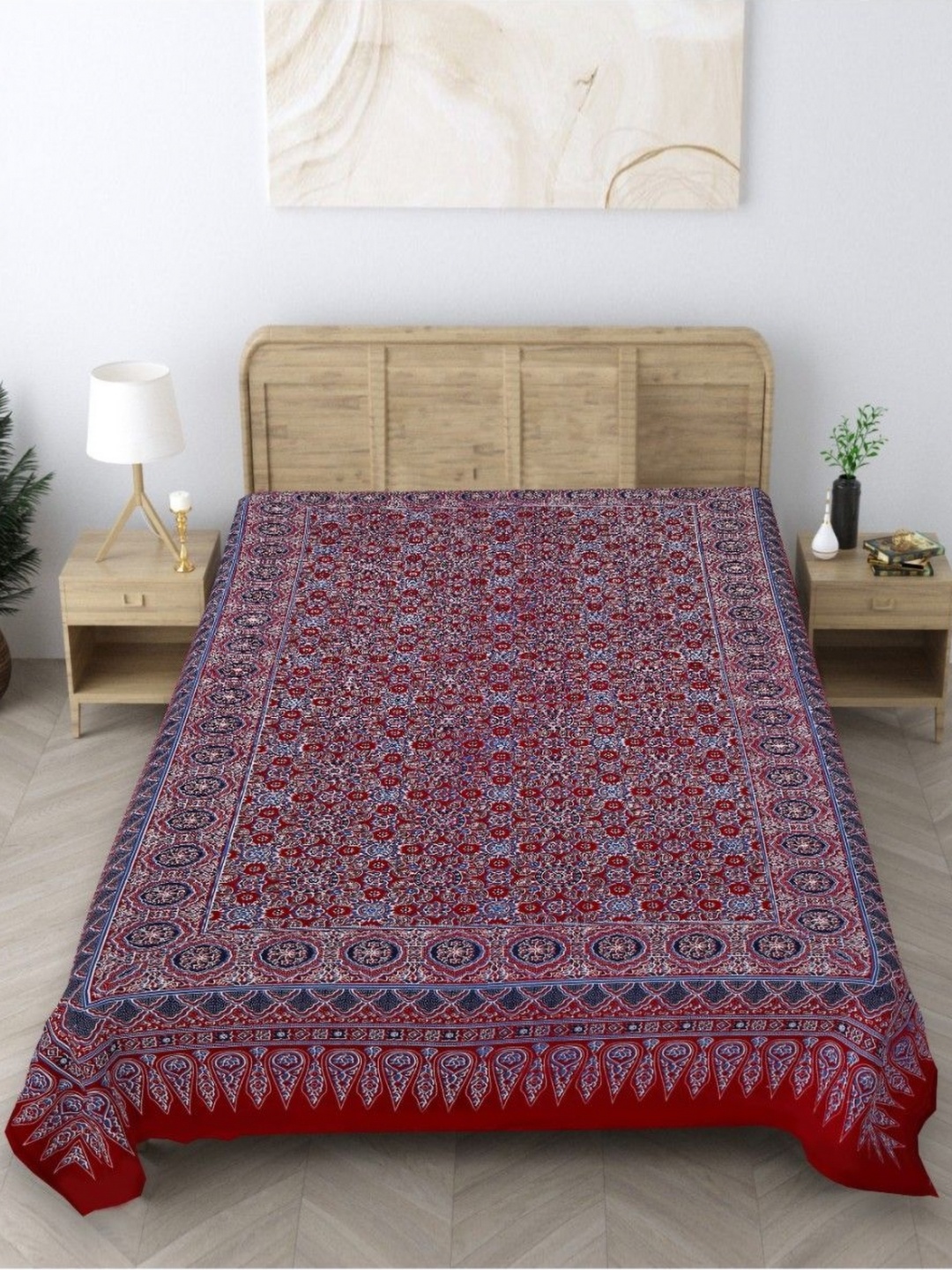 

INDHOME LIFE Red & Blue Ethnic Motifs Printed Pure Cotton 210 TC Single Bedsheet