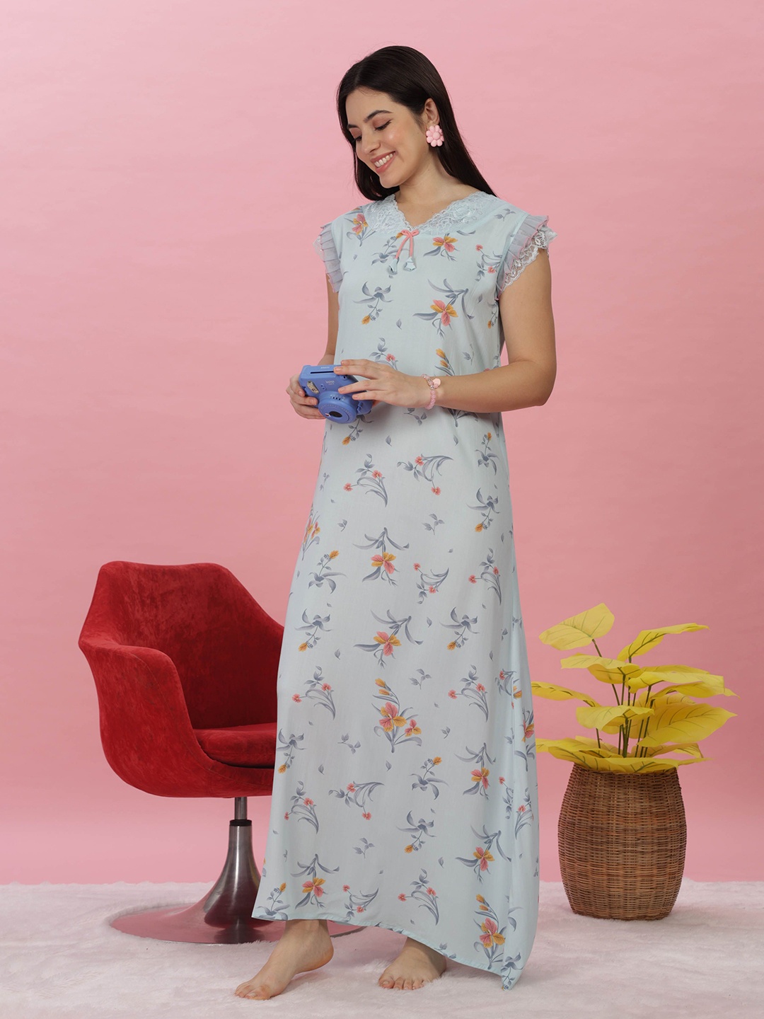 

9shines Label Floral Printed Maxi Nightdress, Blue