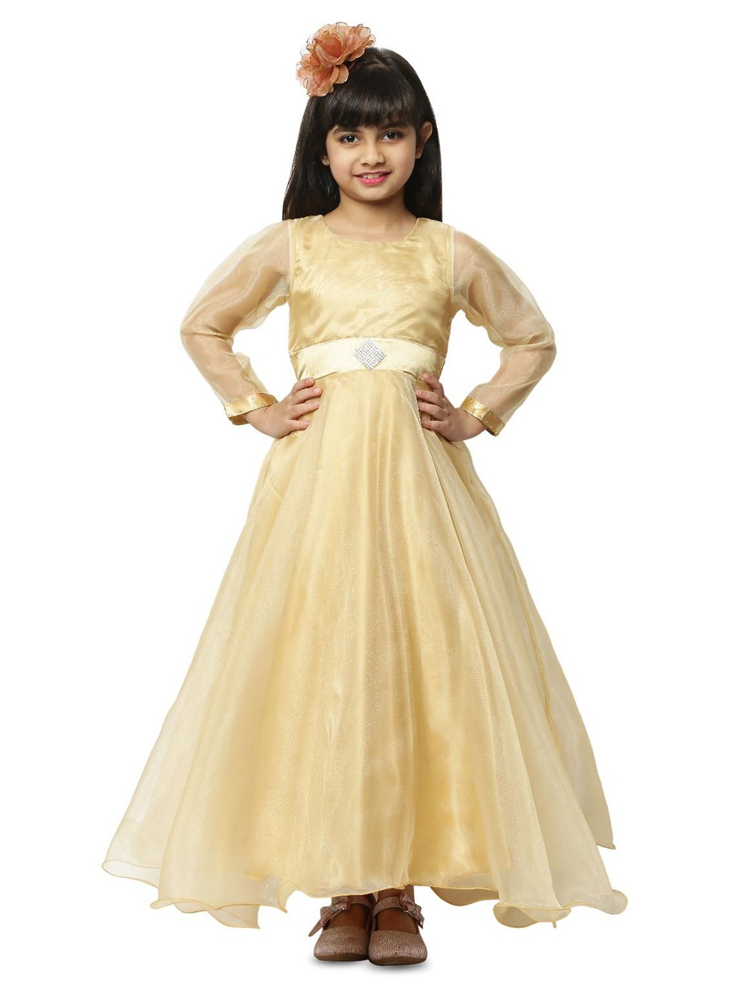

Wish little Girls Self Design Belted Gown Maxi Dress, Gold