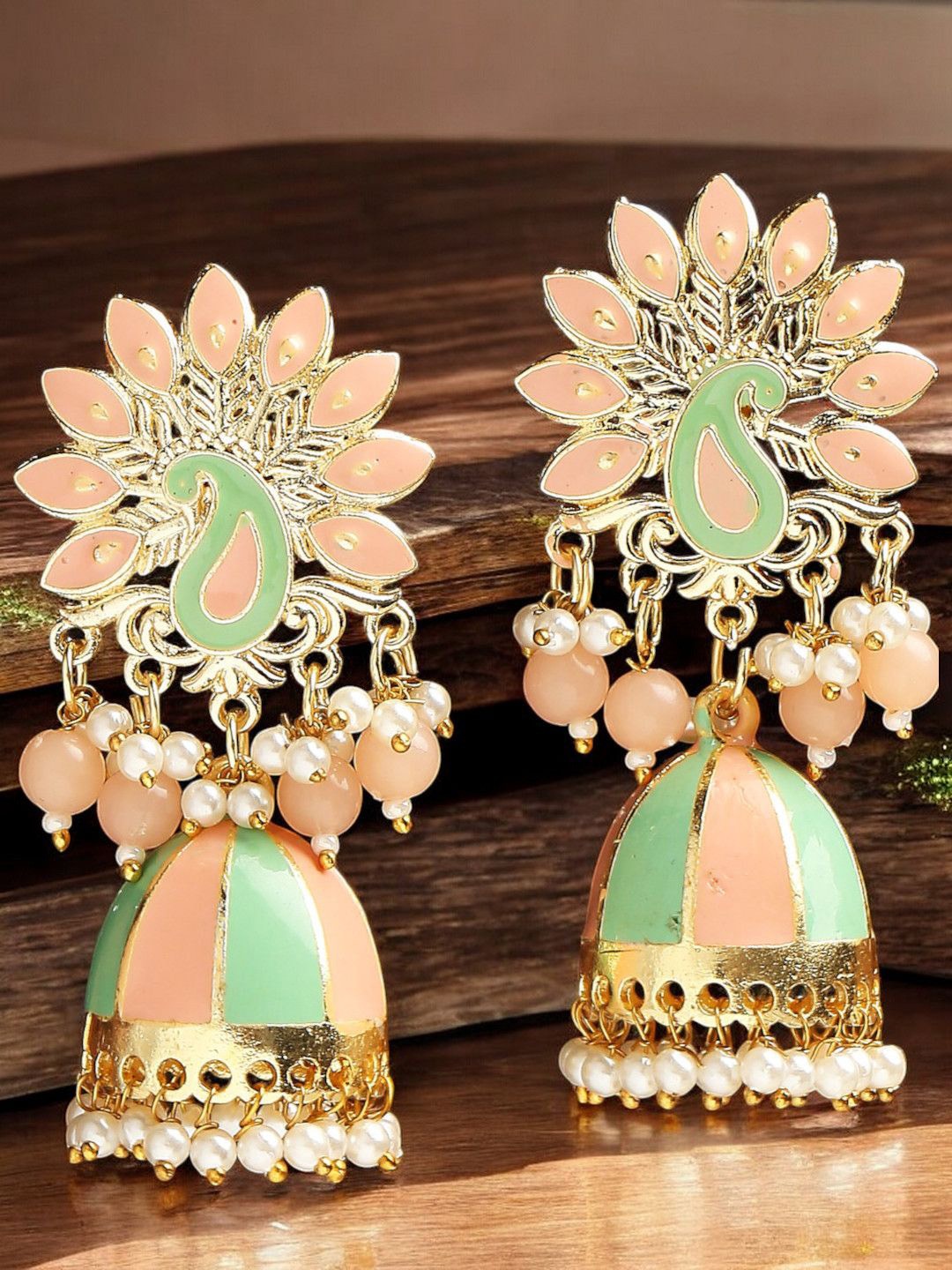 

OOMPH Dome Shaped Stone Studded Meenakari Jhumkas, Peach