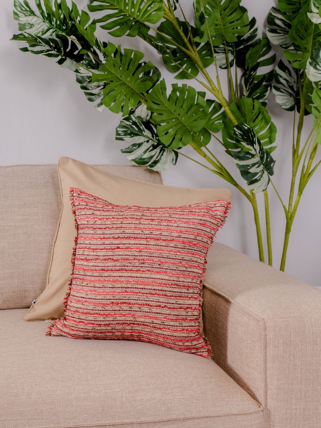 

ONSETHOMES Red & Beige Self Design Textured Square Cushion Covers