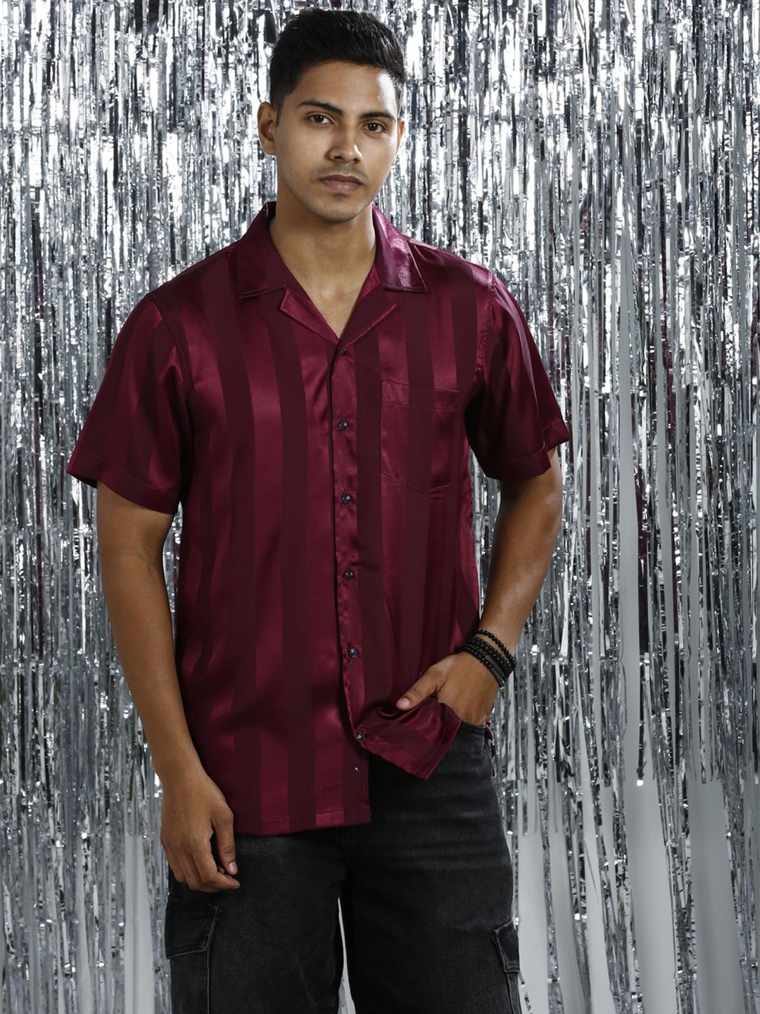 

Be Desi Men Relaxed Cuban Collar Vertical Striped Casual Shirt, Maroon