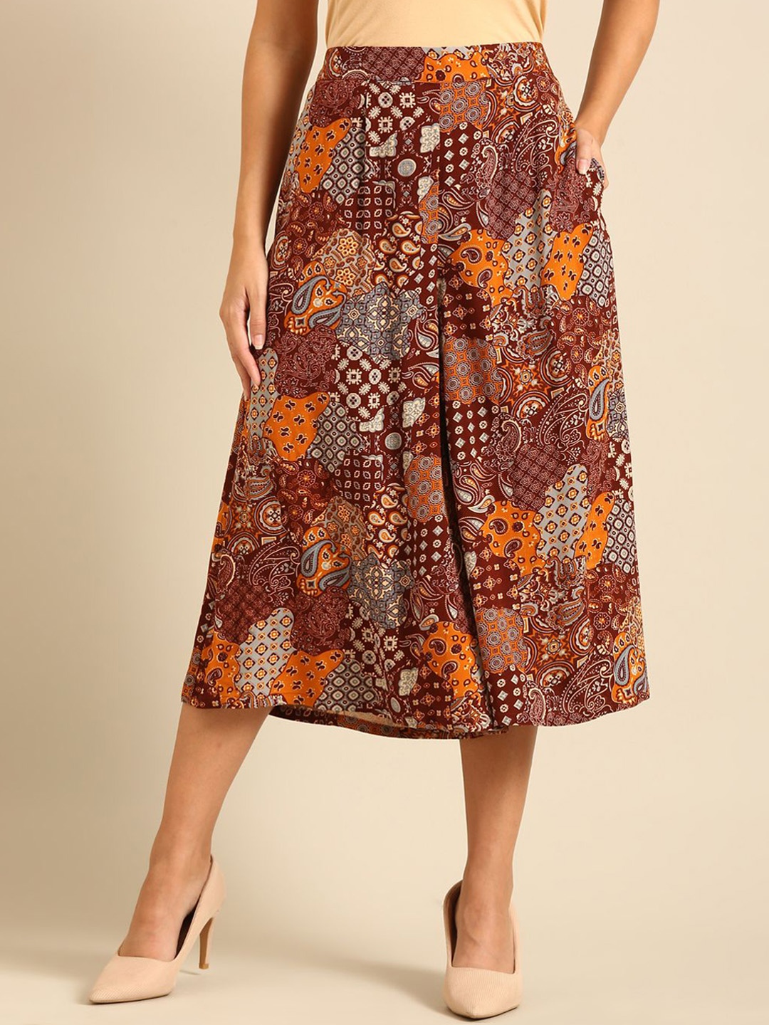 

De Moza Women Printed Pleated Culottes Trousers, Brown