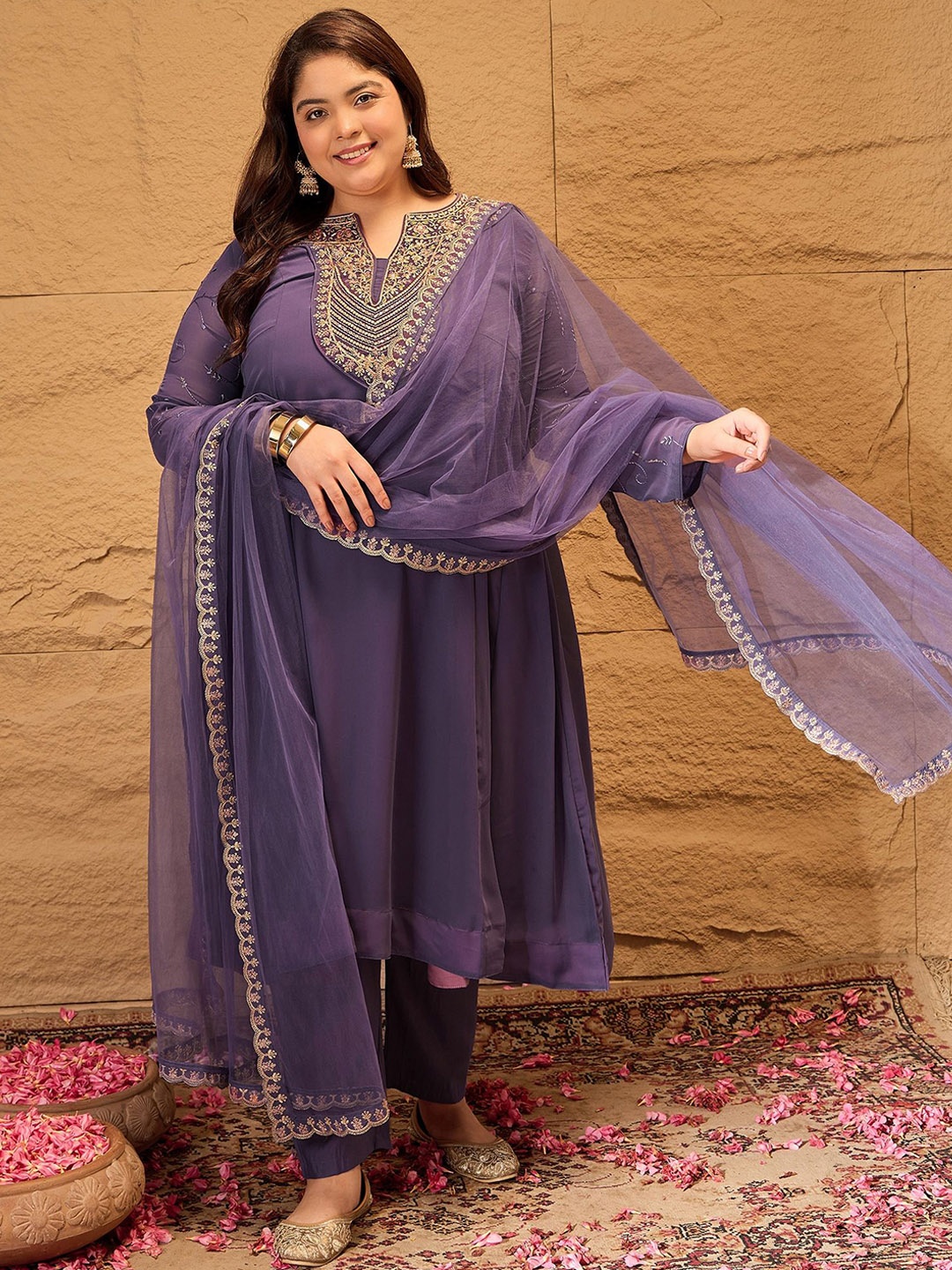 

INDDUS PLUS Floral Embroidered Georgette Anarkali Kurta with Trousers & Dupatta, Purple