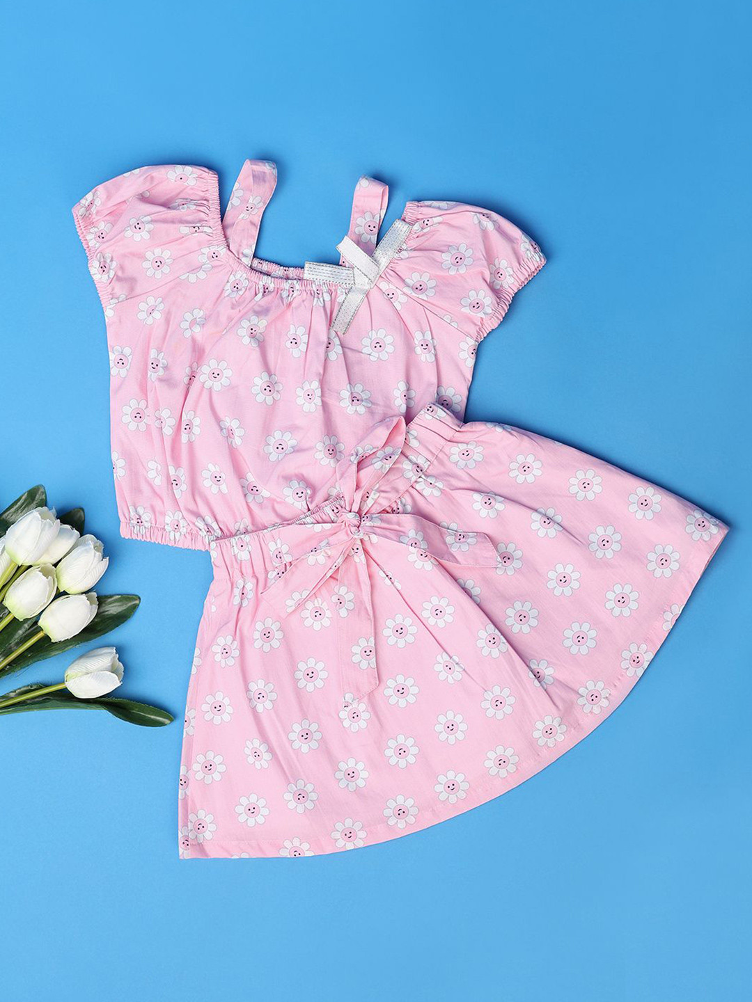 

V-Mart Girls Floral Printed Pure Cotton Top With Skirt, Pink