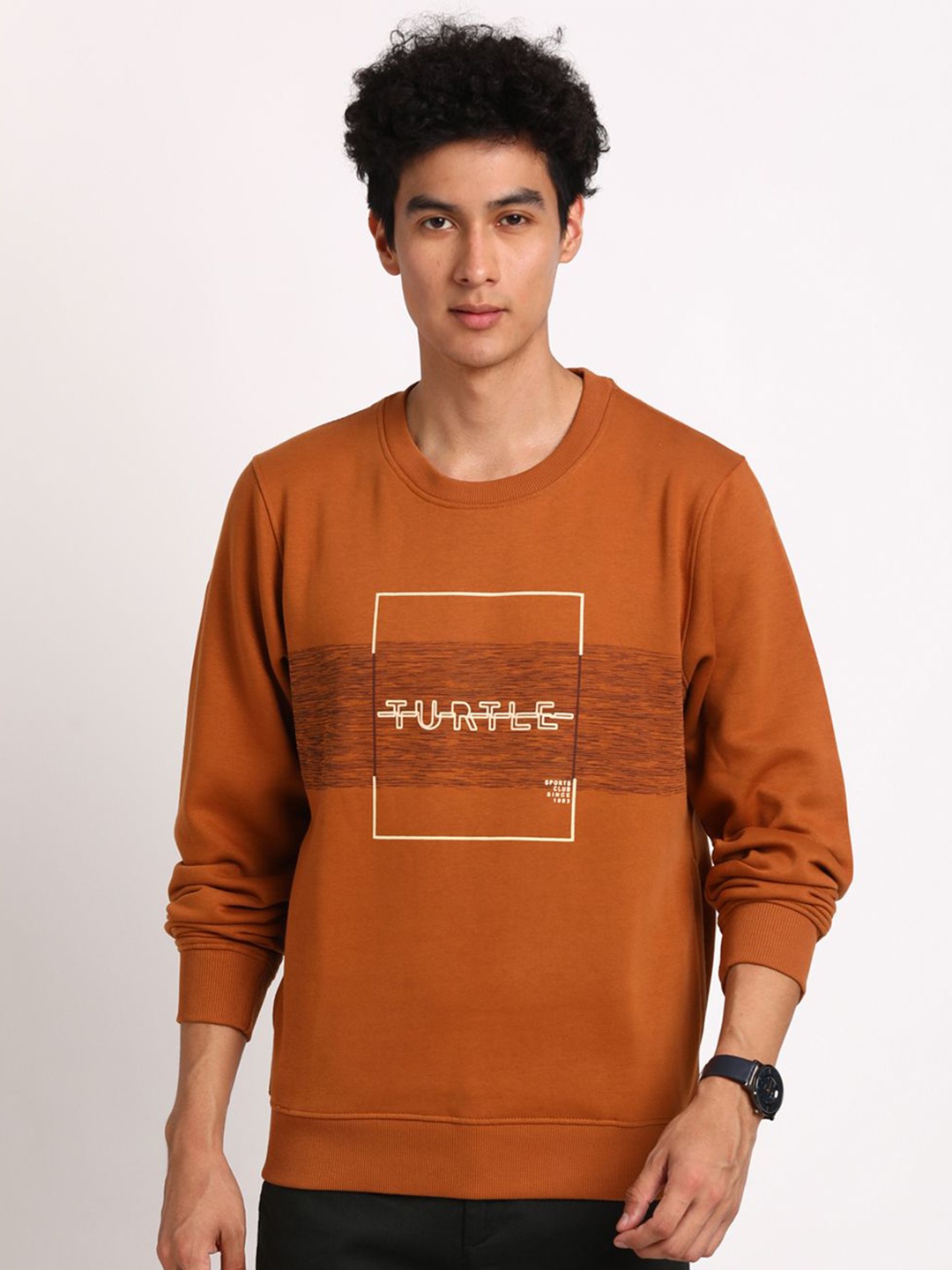 

Turtle Men Brand Logo Printed Round Neck Cotton Pullover Sweatshirt, Brown